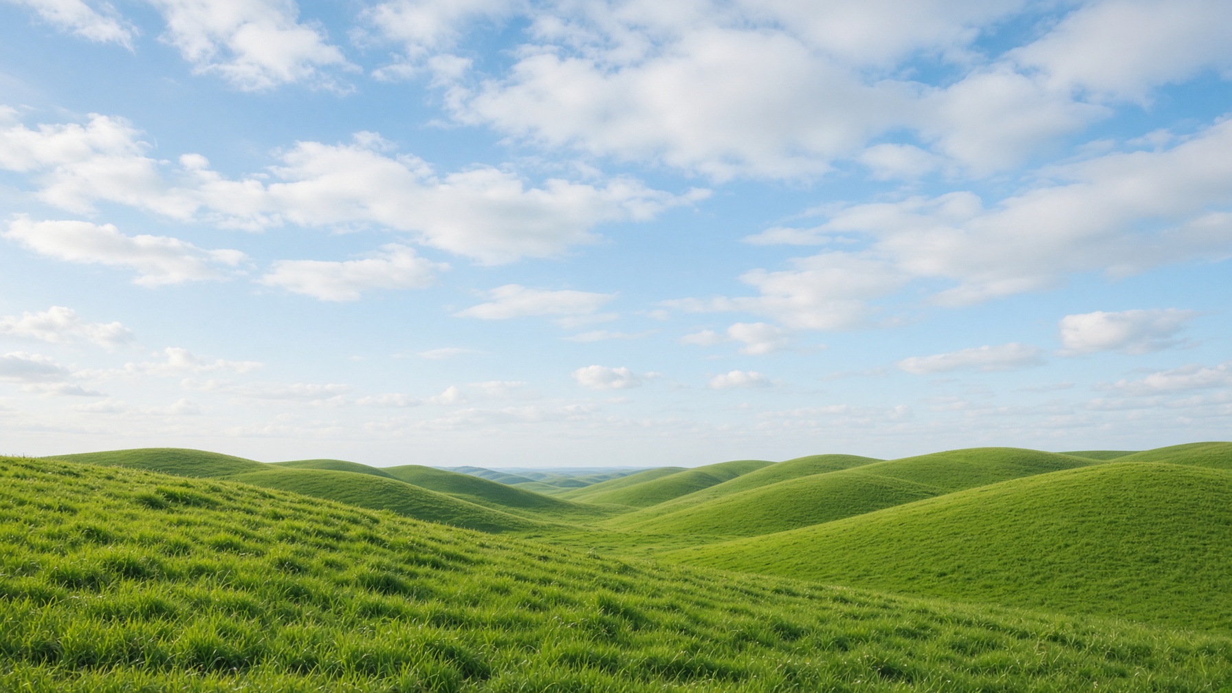 Rolling green hills under a pale sky